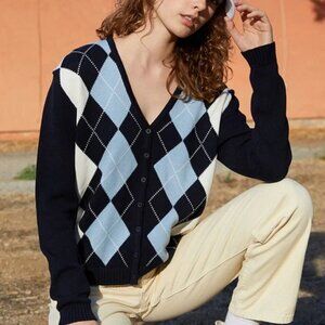 Brandy Melville Black, White, & Blue Argyle V-Neck Button Up Sweater. Small (OS)